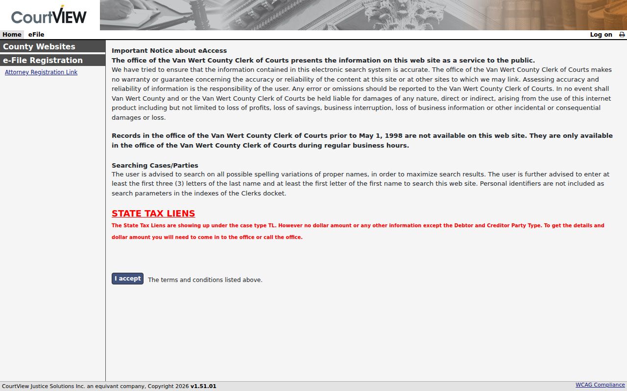 Van Wert County case lookup Common Pleas Case Inquiry screen