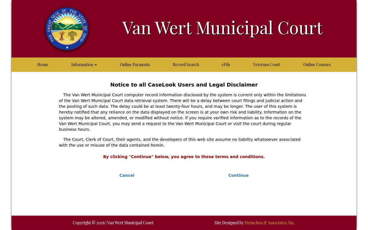 Van Wert County case lookup Municipal Court Calendar Search tab