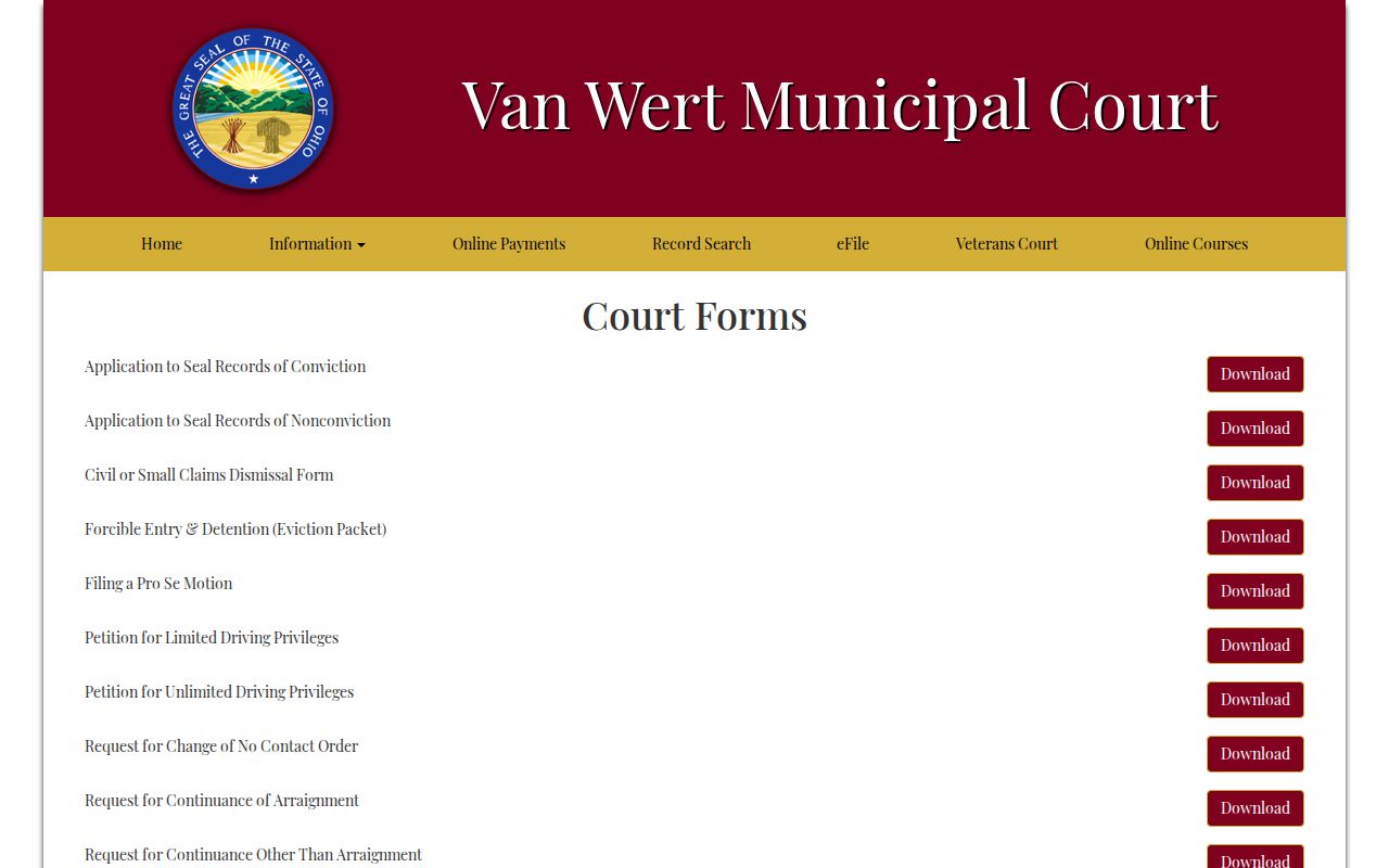 Van Wert County civil docket Municipal Court civil and small claims forms