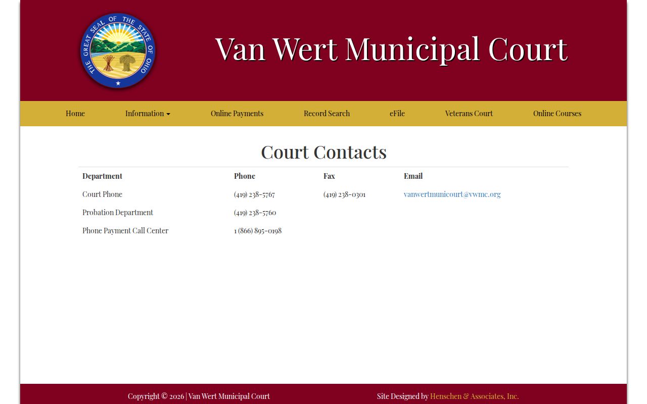 Van Wert County court dates Municipal Court department contacts source