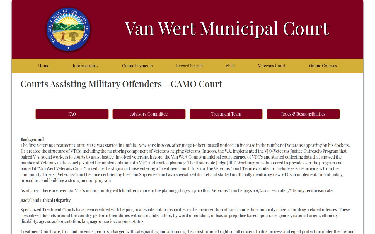 Van Wert County criminal docket CAMO Veterans Treatment Court program