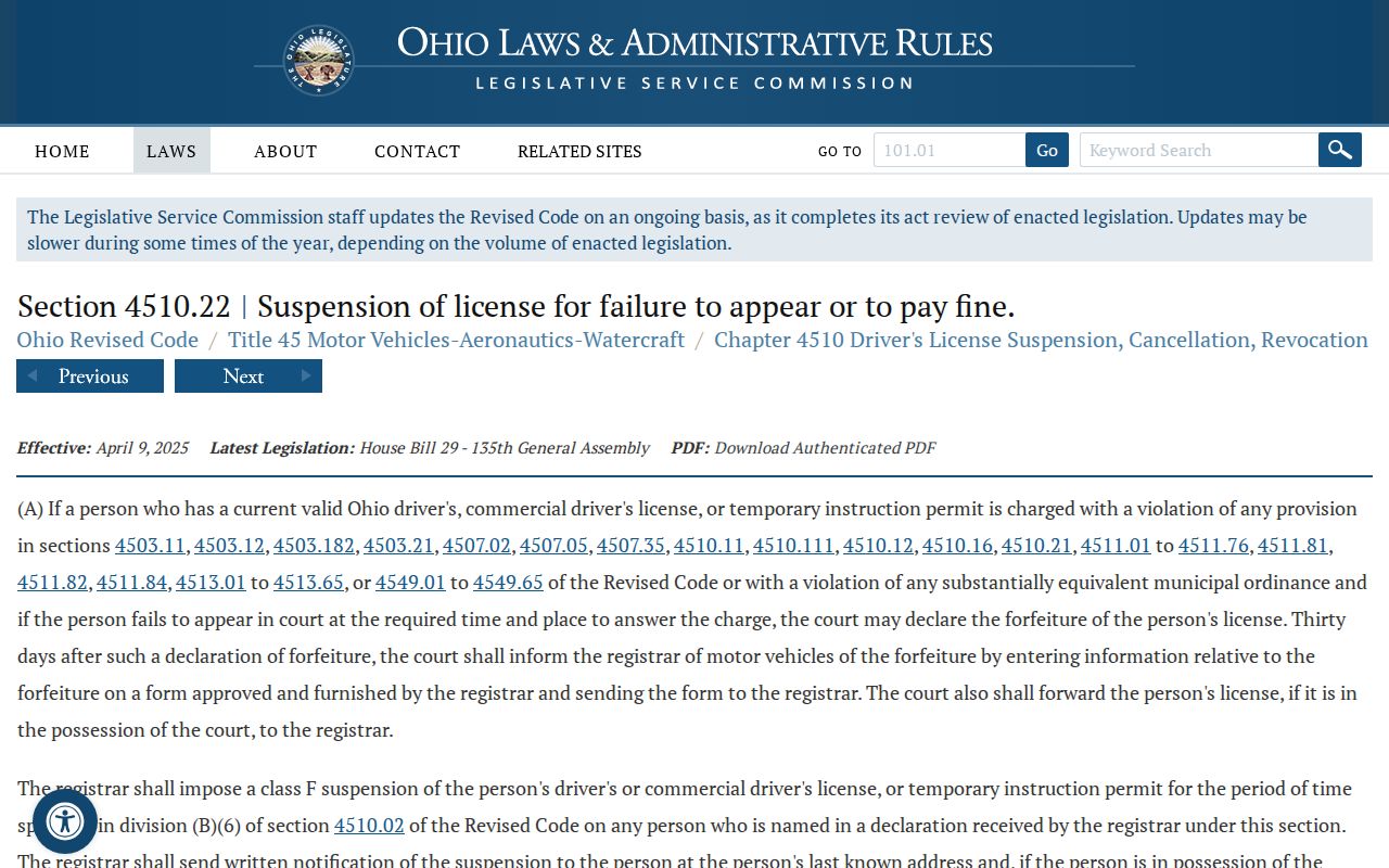 Van Wert County traffic tickets Ohio failure to appear statute source