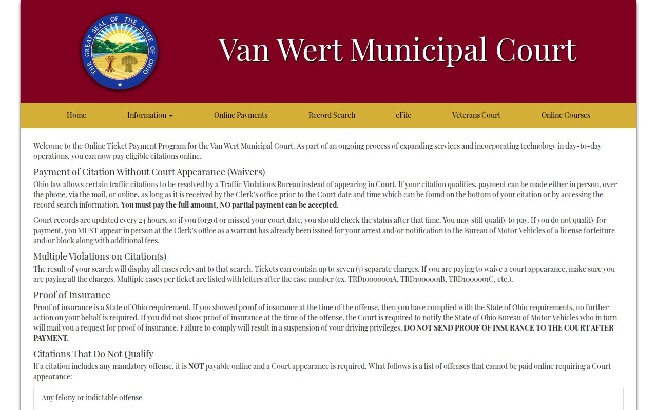 Van Wert County traffic tickets Municipal Court payment instructions